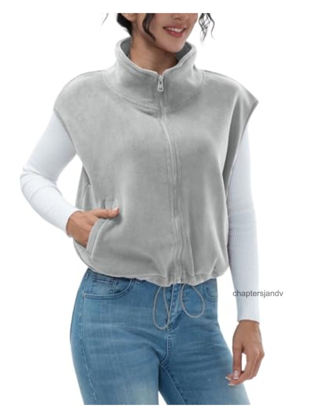 Polar Fleece Full Zip Crop Vest Sleeveless Stand Collar Winter Warm